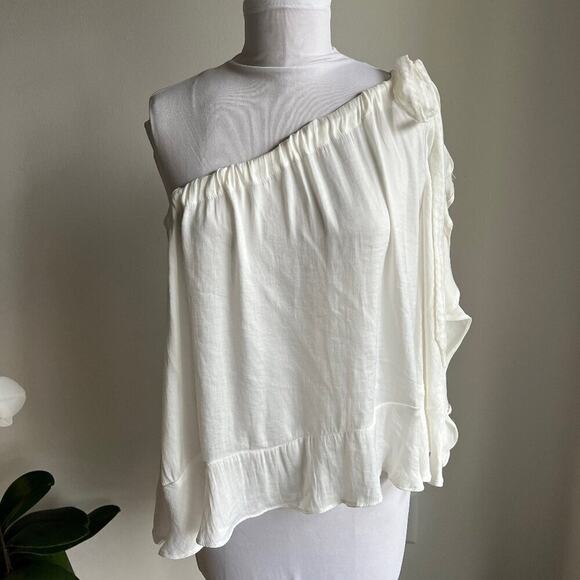 FREE PEOPLE ONE SHOULDER FLOWY IVORY BLOUSE RUFFLE TRIM SMALL - Picture 3 of 11